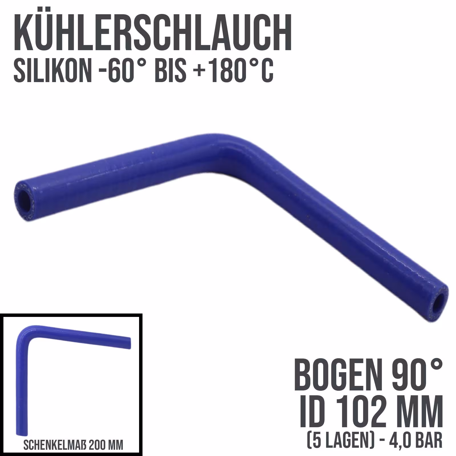102 x 112 mm Kühlerschlauch Silikon Bogen 90° LLK Ladeluft Kühlmittel Schlauch blau (4,0 bar) - 200mm aus der Kategorie Kühlwasserschläuche mit der Artikelnummer KSB102-090-200GA