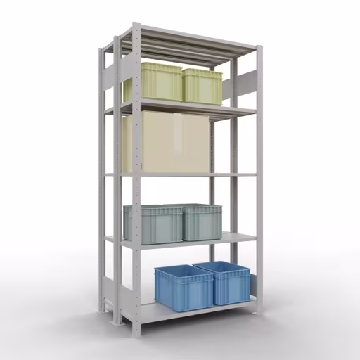 Grundregal, Doppelregal, Fachbodenregal Stecksystem MULTIplus150, 2000 x 1000 x (2x300) mm (HxBxT), 2x5 Fachböden, Längenriegel, RAL 7035 lichtgrau mit der Artikelnr. 33130 Grundregal, Doppelregal, Fachbodenregal Stecksystem MULTIplus150, 2000 x 1000 x (2x300) mm (HxBxT), 2x5 Fachböden, Längenriegel, RAL 7035 lichtgrau von Schulte Lagertechnik aus der Kategorie Fachbodenregale