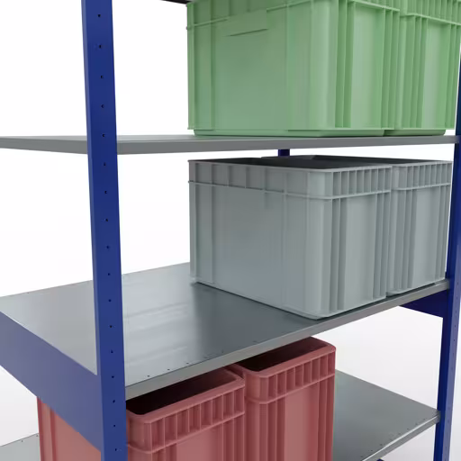 Zusatzbild des Artikels Grundregal, Fachbodenregal Stecksystem MULTIplus150, 2500 x 1300 x 800 mm (HxBxT), 6 Fachböden, Kreuzstrebe, RAL 5010 enzianblau/verzinkt aus Grundregal