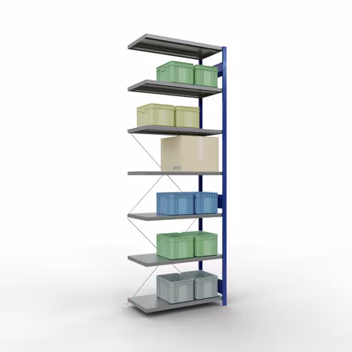 Abbildung Nr 13 des Artikels Anbauregal, Fachbodenregal Stecksystem MULTIplus330, 3000 x 1000 x 500 mm (HxBxT), 7 Fachböden, Kreuzstrebe, RAL 5010 enzianblau/verzinkt aus der Produktgruppe Stecksystem von der Marke Schulte Lagertechnik
