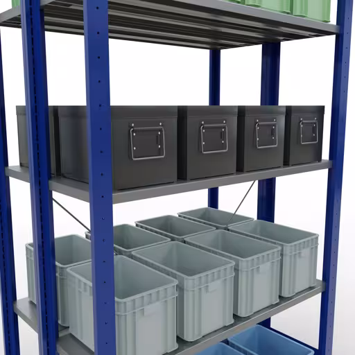 Grundregal, Doppelregal, Fachbodenregal Stecksystem MULTIplus150, 2000 x 1000 x (2x300) mm (HxBxT), 2x5 Fachböden, Kreuzstrebe, RAL 5010 enzianblau von Schulte Lagertechnik aus der Kategorie Fachbodenregale
