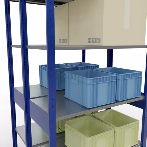Zusatzbild des Artikels Grundregal, Doppelregal, Fachbodenregal Stecksystem MULTIplus150, 2500 x 1000 x (2x500) mm (HxBxT), 2x6 Fachböden, Kreuzstrebe, RAL 5010 enzianblau aus Doppelregale