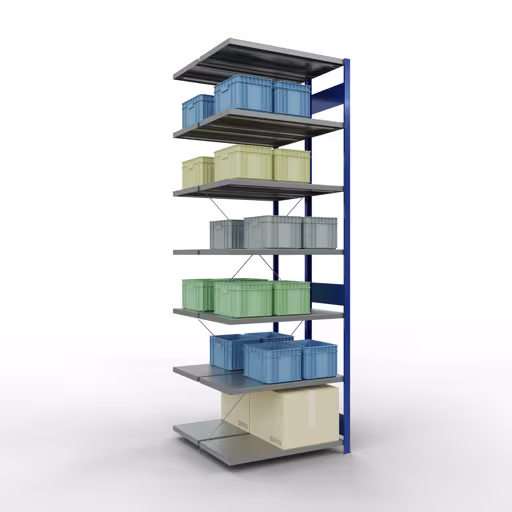 Produktbild Nr.13 des Artikels Anbauregal Stecksystem MULTIplus250, 3000 x 1000 x (2x500) mm (HxBxT), 2x7 Fachböden, Kreuzstrebe, RAL 7035 lichtgrau/enzianblau aus der Produktreihe Fachbodenregale von der Marke Schulte Lagertechnik