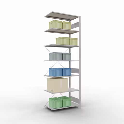 Abbildung Nr 15 des Artikels Anbauregal, Fachbodenregal Stecksystem MULTIplus85, 3000 x 1000 x 600 mm (HxBxT), 7 Fachböden, Kreuzstrebe, RAL 7035 lichtgrau aus der Produktgruppe Stecksystem von der Marke Schulte Lagertechnik