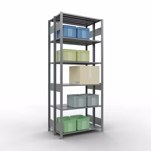 Abbildung Nr 10 des Artikels Grundregal, Doppelregal, Fachbodenregal Stecksystem MULTIplus150, 2500 x 1000 x (2x300) mm (HxBxT), 2x6 Fachböden, Längenriegel, verzinkt aus der Produktgruppe Fachbodenregale von der Marke Schulte Lagertechnik