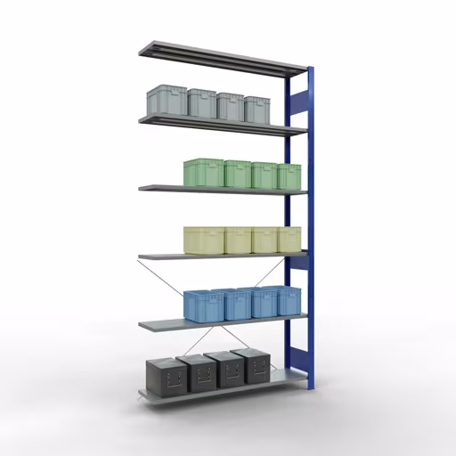Produktbild Nr.6 des Artikels Anbauregal, Fachbodenregal Stecksystem MULTIplus150, 2500 x 1300 x 300 mm (HxBxT), 6 Fachböden, Kreuzstrebe, RAL 5010 enzianblau/verzinkt aus der Produktreihe Stecksystem von der Marke Schulte Lagertechnik
