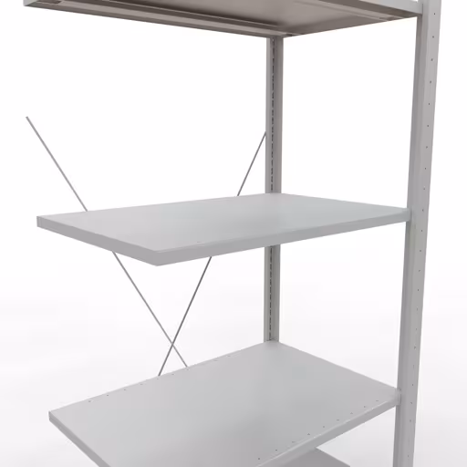 Andere Ansicht des Artikels Anbauregal, Fachbodenregal Stecksystem MULTIplus150, 2000 x 750 x 500 mm (HxBxT), 5 Fachböden, Kreuzstrebe, RAL 7035 lichtgrau aus der Kategorie Stecksystem
