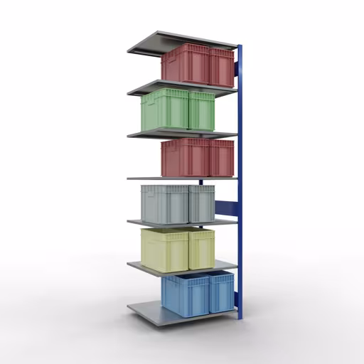 Andere Ansicht des Artikels Anbauregal, Fachbodenregal Stecksystem MULTIplus150, 3000 x 1000 x 800 mm (HxBxT), 7 Fachböden, Längenriegel, RAL 5010 enzianblau/verzinkt aus der Kategorie Anbauregal