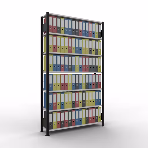Grundregal, Büro-Fachbodenregal Stecksystem MULTIplus85, 2300 x 1300 x 300 mm (HxBxT), 7 Fachböden, Kreuzstrebe, mit Anschlagleiste, schwarz/lichtgrau von Schulte Lagertechnik mit der Artikelnr. 36014-S
