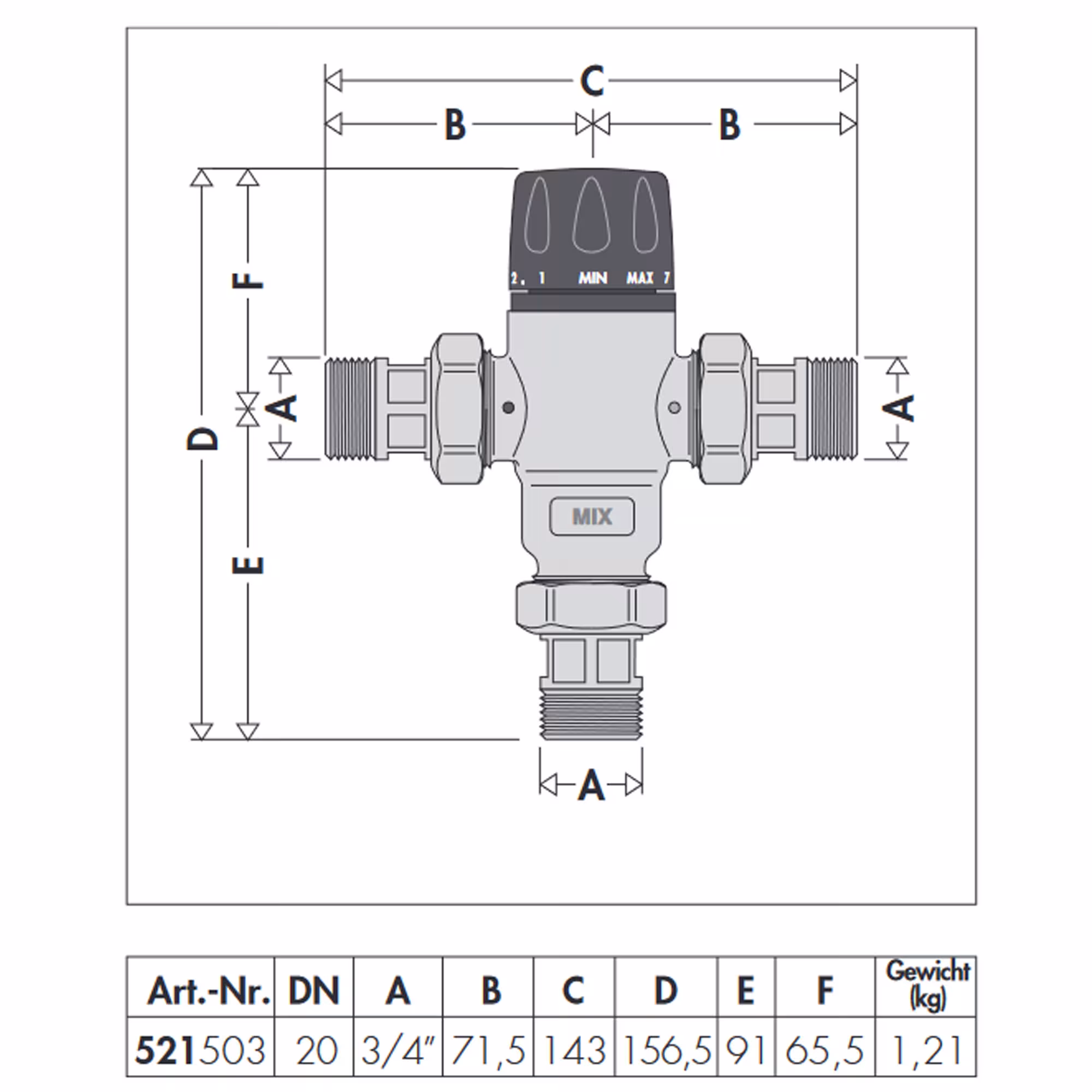 Thermomischer 3/4" Brauchwassermischer inkl. Verschraubungen und Rückflussverhinderer von Caleffi mit der Artikelnr. 521503
