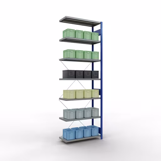 Abbildung Nr 13 des Artikels Anbauregal, Fachbodenregal Stecksystem MULTIplus330, 3000 x 1000 x 400 mm (HxBxT), 7 Fachböden, Kreuzstrebe, RAL 5010 enzianblau/verzinkt aus der Produktgruppe Stecksystem von der Marke Schulte Lagertechnik