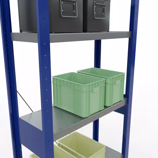 Produktbild Nr 14 des Artikels Grundregal, Fachbodenregal Stecksystem MULTIplus250, 2500 x 750 x 300 mm (HxBxT), 6 Fachböden, Kreuzstrebe, RAL 5010 enzianblau/verzinkt/verzinkt Abbildung Nr 14 des Artikels Grundregal, Fachbodenregal Stecksystem MULTIplus250, 2500 x 750 x 300 mm (HxBxT), 6 Fachböden, Kreuzstrebe, RAL 5010 enzianblau/verzinkt/verzinkt aus der Produktgruppe Stecksystem von der Marke Schulte Lagertechnik