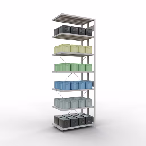Anbauregal, Doppelregal, Fachbodenregal Stecksystem MULTIplus250, 3000 x 1000 x (2x300) mm (HxBxT), 2x7 Fachböden, Kreuzstrebe, RAL 7035 lichtgrau von der Marke Schulte Lagertechnik aus der Produktreihe Fachbodenregale