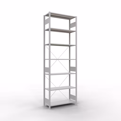 Grundregal, Fachbodenregal Stecksystem MULTIplus150, 3000 x 1000 x 400 mm (HxBxT), 7 Fachböden, Kreuzstrebe, RAL 7035 lichtgrau aus der Kategorie Grundregal mit der Artikelnummer 32642