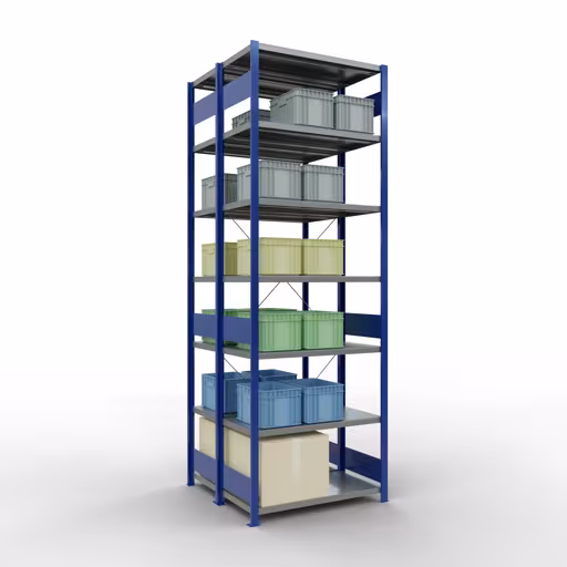 Grundregal, Doppelregal, Fachbodenregal Stecksystem MULTIplus250, 3000 x 1000 x (2x500) mm (HxBxT), 2x7 Fachböden, Kreuzstrebe, enzianblau von der Marke Schulte Lagertechnik aus der Produktreihe Fachbodenregale