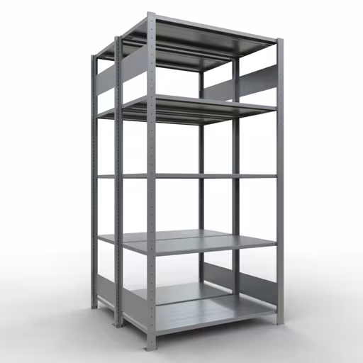 Grundregal, Doppelregal, Fachbodenregal Stecksystem MULTIplus150, 2000 x 1000 x (2x500) mm (HxBxT), 2x5 Fachböden, Längenriegel, verzinkt aus der Kategorie Doppelregale mit der Artikelnummer 17850