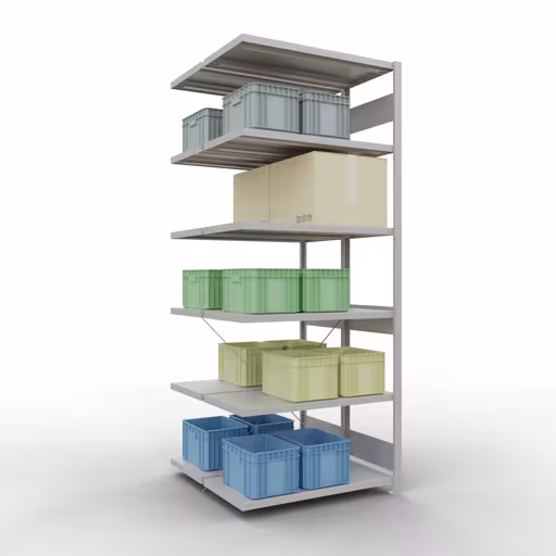 Andere Ansicht des Artikels Anbauregal, Doppelregal, Fachbodenregal Stecksystem MULTIplus250, 2500 x 1000 x (2x500) mm (HxBxT), 2x6 Fachböden, Kreuzstrebe, RAL 7035 lichtgrau aus der Kategorie Fachbodenregale
