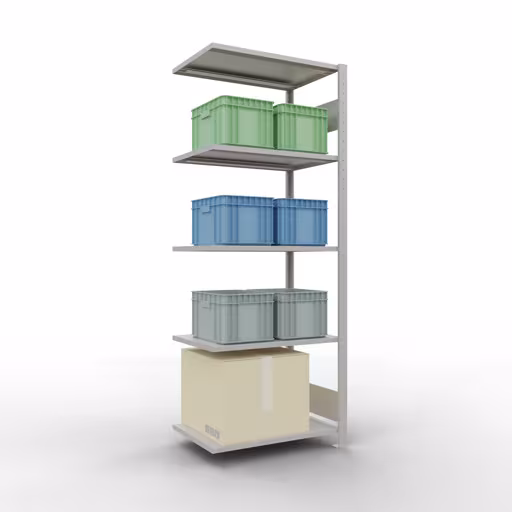 Zusatzbild des Artikels Anbauregal, Fachbodenregal Stecksystem MULTIplus150, 2000 x 750 x 500 mm (HxBxT), 5 Fachböden, Längenriegel, RAL 7035 lichtgrau aus Anbauregal