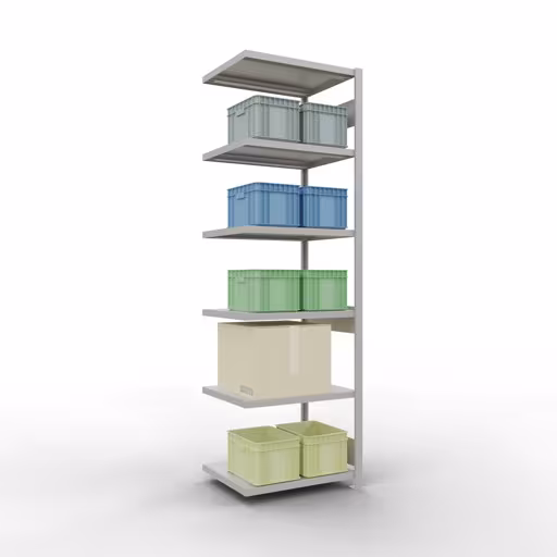 Anbauregal, Fachbodenregal Stecksystem MULTIplus250, 2500 x 750 x 600 mm (HxBxT), 6 Fachböden, Längenriegel, RAL 7035 lichtgrau von der Marke Schulte Lagertechnik aus der Produktreihe Stecksystem