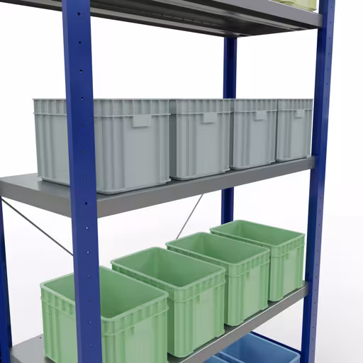 Produktbild Nr.11 des Artikels Grundregal, Fachbodenregal Stecksystem MULTIplus250, 2000 x 1000 x 400 mm (HxBxT), 5 Fachböden, Kreuzstrebe, RAL 5010 enzianblau/verzinkt aus der Produktreihe Stecksystem von der Marke Schulte Lagertechnik
