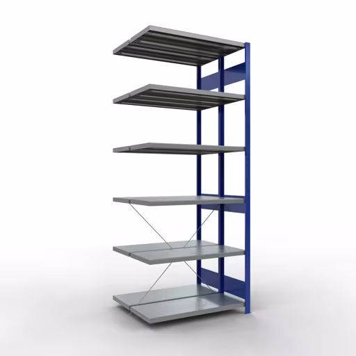 Anbauregal, Doppelregal, Fachbodenregal Stecksystem MULTIplus250, 2500 x 1000 x (2x400) mm (HxBxT), 2x6 Fachböden, Kreuzstrebe, RAL 5010 enzianblau von der Marke Schulte Lagertechnik Anbauregal, Doppelregal, Fachbodenregal Stecksystem MULTIplus250, 2500 x 1000 x (2x400) mm (HxBxT), 2x6 Fachböden, Kreuzstrebe, RAL 5010 enzianblau aus der Kategorie Doppelregale mit der Artikelnummer 32146-A-B