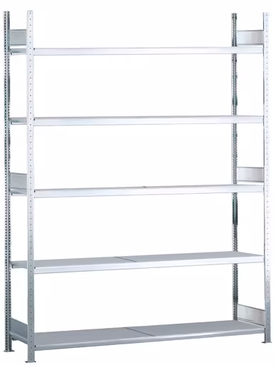 Grundregal, Weitspannregal WS 2000 mit Stahlböden, 3000 x 1500 x 600 mm (HxBxT), verzinkt, 5 Ebenen, Fachlast 400 kg, Feldlast 2.000 kg aus der Kategorie WS2000 für Fachlasten bis 400kg mit der Artikelnummer 15714