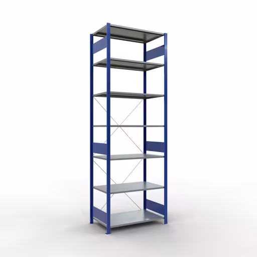 Grundregal, Fachbodenregal Stecksystem MULTIplus150, 3000 x 1000 x 600 mm (HxBxT), 7 Fachböden, Kreuzstrebe, RAL 5010/verzinkt aus der Kategorie Grundregal mit der Artikelnummer 12762-B