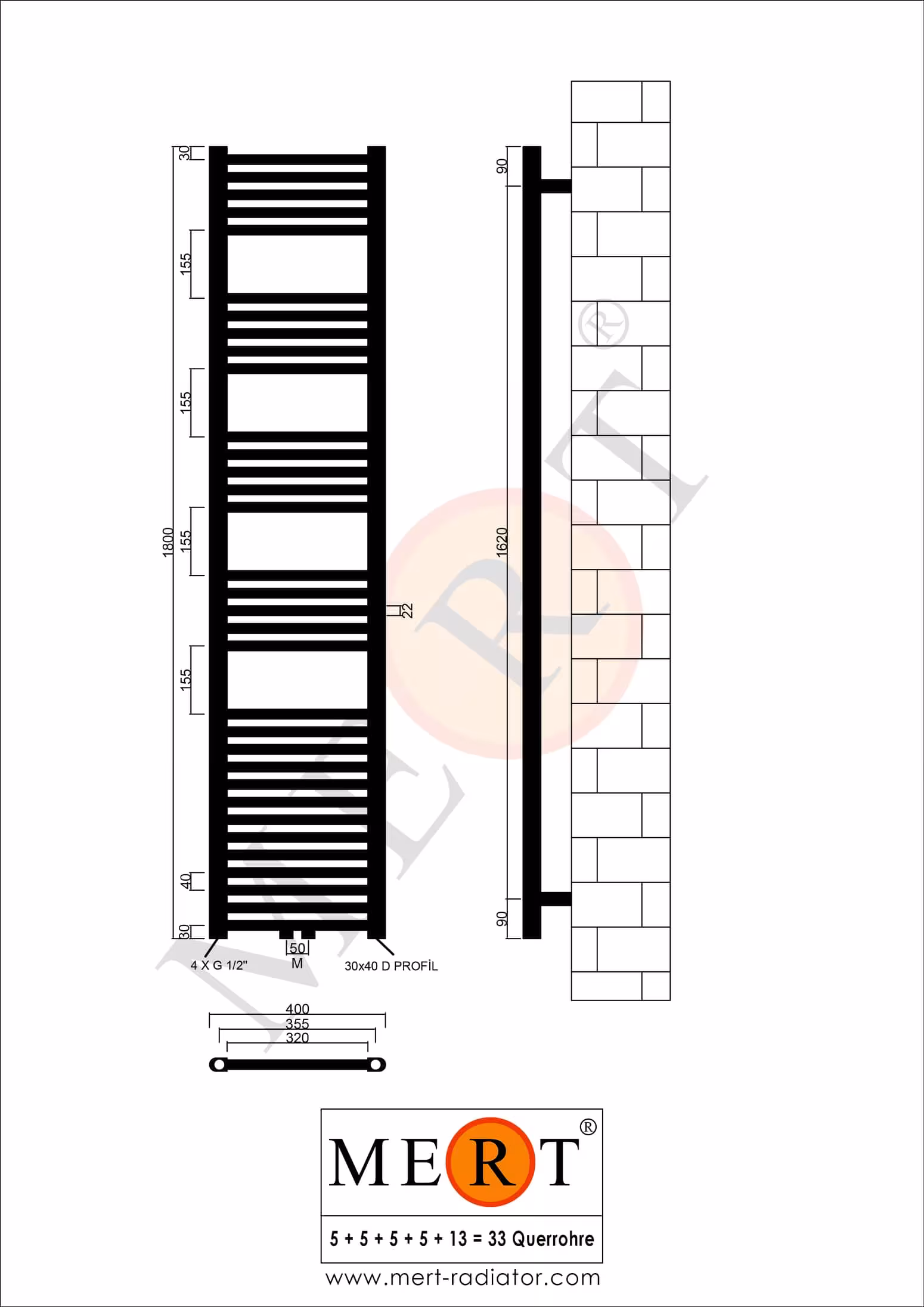 MERT Badheizkörper weiß gerade, 400*1800 mm, Mittelanschluss von der Marke MERT aus der Kategorie Heizkörper