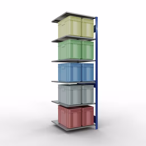 Zusatzbild des Artikels Anbauregal, Fachbodenregal Stecksystem MULTIplus150, 2500 x 750 x 800 mm (HxBxT), 6 Fachböden, Längenriegel, RAL 5010 enzianblau/verzinkt/verzinkt aus Anbauregal