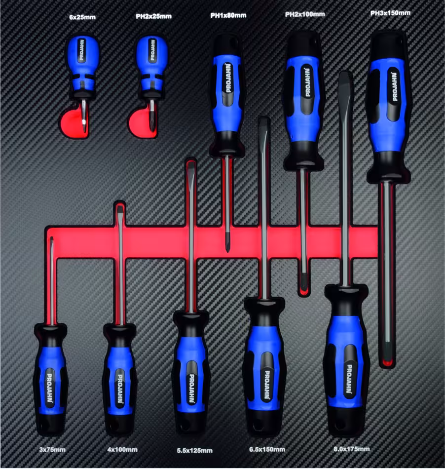 Schraubendreher Einlage 10tlg aus der Kategorie Ordnungssysteme & Werkstattwagen mit der GTIN 4000146019702 Einlage Schraubendreher für 10 Kreuzschlitz-Schrauben PH und Schlitz-Schrauben leer oder befüllt von der Marke PROJAHN aus der Kategorie Ordnungssysteme & Werkstattwagen