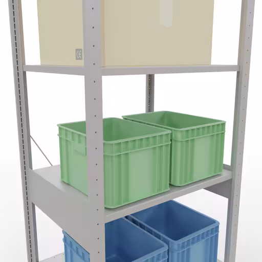 Zusatzbild des Artikels Grundregal, Fachbodenregal Stecksystem MULTIplus150, 2500 x 750 x 600 mm (HxBxT), 6 Fachböden, Kreuzstrebe, RAL 7035 lichtgrau aus Grundregal