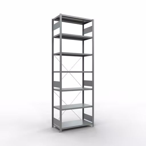 Grundregal, Fachbodenregal Stecksystem MULTIplus250, 3000 x 1000 x 500 mm (HxBxT), 7 Fachböden, Kreuzstrebe, verzinkt aus der Kategorie Grundregal mit der Artikelnummer 12952