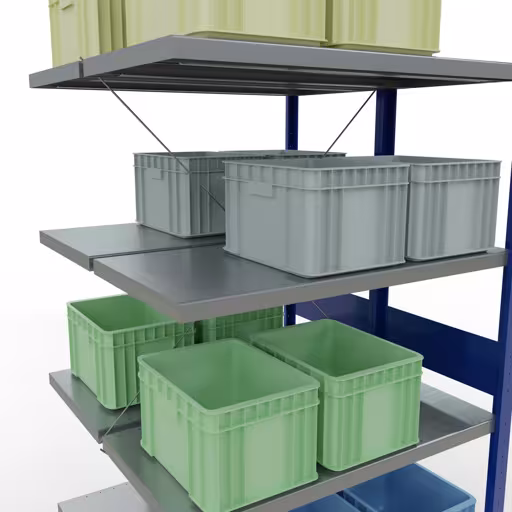 Anbauregal, Doppelregal, Fachbodenregal Stecksystem MULTIplus250, 3000 x 1000 x (2x500) mm (HxBxT), 2x7 Fachböden, Kreuzstrebe, RAL 7035 lichtgrau/enzianblau von der Marke Schulte Lagertechnik aus der Produktreihe Fachbodenregale