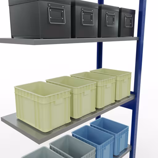 Produktbild Nr.7 des Artikels Anbauregal, Fachbodenregal Stecksystem MULTIplus150, 2500 x 1000 x 400 mm (HxBxT), 6 Fachböden, Längenriegel, RAL 5010 enzianblau/verzinkt aus der Produktreihe Stecksystem von der Marke Schulte Lagertechnik