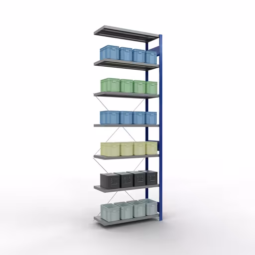 Produktbild Nr.11 des Artikels Anbauregal, Fachbodenregal Stecksystem MULTIplus250, 3000 x 1000 x 400 mm (HxBxT), 7 Fachböden, Kreuzstrebe, RAL 5010 enzianblau/verzinkt aus der Produktreihe Stecksystem von der Marke Schulte Lagertechnik