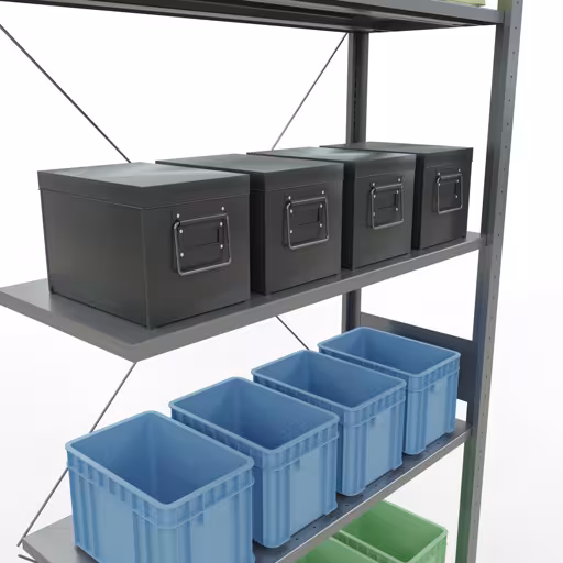 Produktbild Nr 14 des Artikels Anbauregal, Fachbodenregal Stecksystem MULTIplus150, 3000 x 1000 x 400 mm (HxBxT), 7 Fachböden, Kreuzstrebe, verzinkt Abbildung Nr 14 des Artikels Anbauregal, Fachbodenregal Stecksystem MULTIplus150, 3000 x 1000 x 400 mm (HxBxT), 7 Fachböden, Kreuzstrebe, verzinkt aus der Produktgruppe Stecksystem von der Marke Schulte Lagertechnik