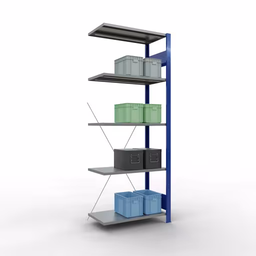 Andere Ansicht des Artikels Anbauregal, Fachbodenregal Stecksystem MULTIplus150, 2000 x 750 x 400 mm (HxBxT), 5 Fachböden, Kreuzstrebe, RAL 5010 enzianblau/verzinkt/verzinkt aus der Kategorie Stecksystem