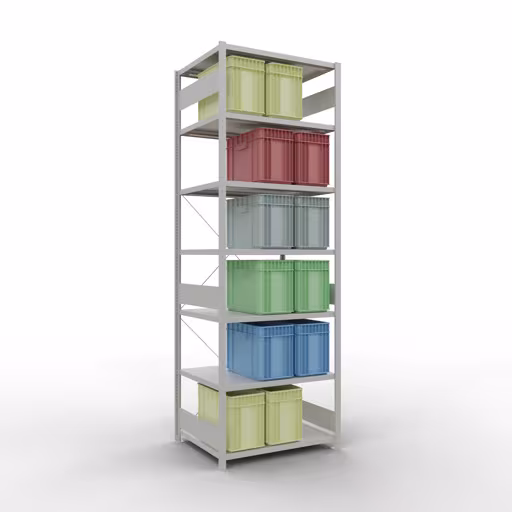 Andere Ansicht des Artikels Grundregal, Fachbodenregal Stecksystem MULTIplus250, 3000 x 1000 x 800 mm (HxBxT), 7 Fachböden, Kreuzstrebe, RAL 7035 lichtgrau aus der Kategorie Stecksystem