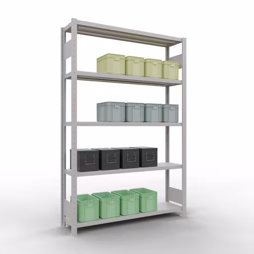 Abbildung Nr 14 des Artikels Grundregal, Fachbodenregal Stecksystem MULTIplus250, 2000 x 1300 x 300 mm (HxBxT), 5 Fachböden, Längenriegel, RAL 7035 lichtgrau aus der Produktgruppe Stecksystem von der Marke Schulte Lagertechnik