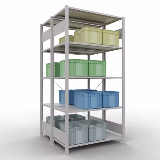 Zusatzbild des Artikels Grundregal, Doppelregal, Fachbodenregal Stecksystem MULTIplus150, 2000 x 1000 x (2x500) mm (HxBxT), 2x5 Fachböden, Kreuzstrebe, RAL 7035 lichtgrau aus Doppelregale
