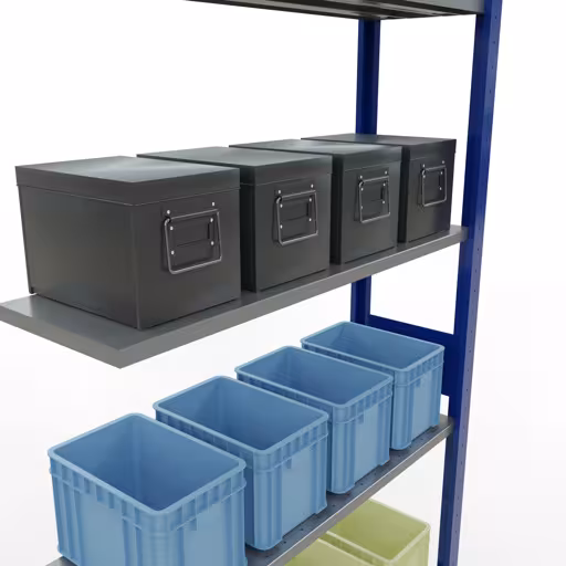 Abbildung Nr 15 des Artikels Anbauregal, Fachbodenregal Stecksystem MULTIplus85, 3000 x 1000 x 300 mm (HxBxT), 7 Fachböden, Längenriegel, RAL 5010 enzianblau aus der Produktgruppe Stecksystem von der Marke Schulte Lagertechnik