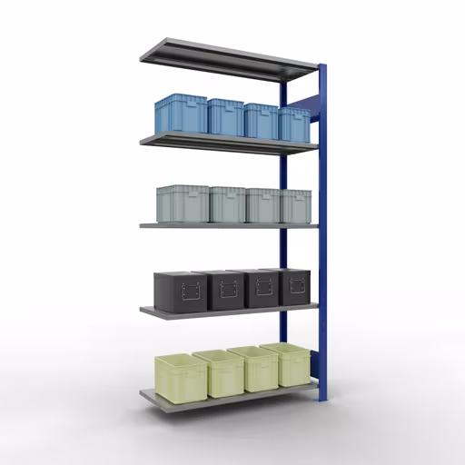 Anbauregal, Fachbodenregal Stecksystem MULTIplus150, 2000 x 1000 x 400 mm (HxBxT), 5 Fachböden, Längenriegel, RAL 5010 enzianblau/verzinkt von Schulte Lagertechnik mit der Artikelnr. 12745-LR-B