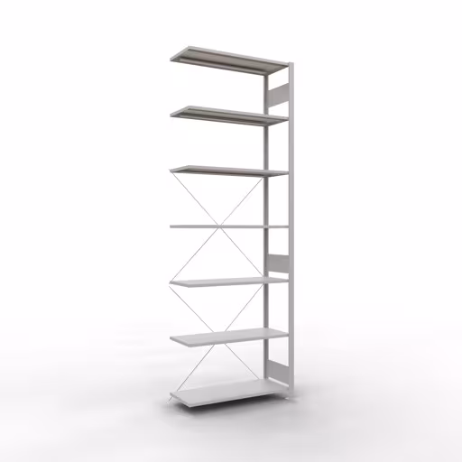 Anbauregal, Fachbodenregal Stecksystem MULTIplus85, 3000 x 1000 x 400 mm (HxBxT), 7 Fachböden, Kreuzstrebe, RAL 7035 lichtgrau aus der Kategorie Anbauregal mit der Artikelnummer 33047