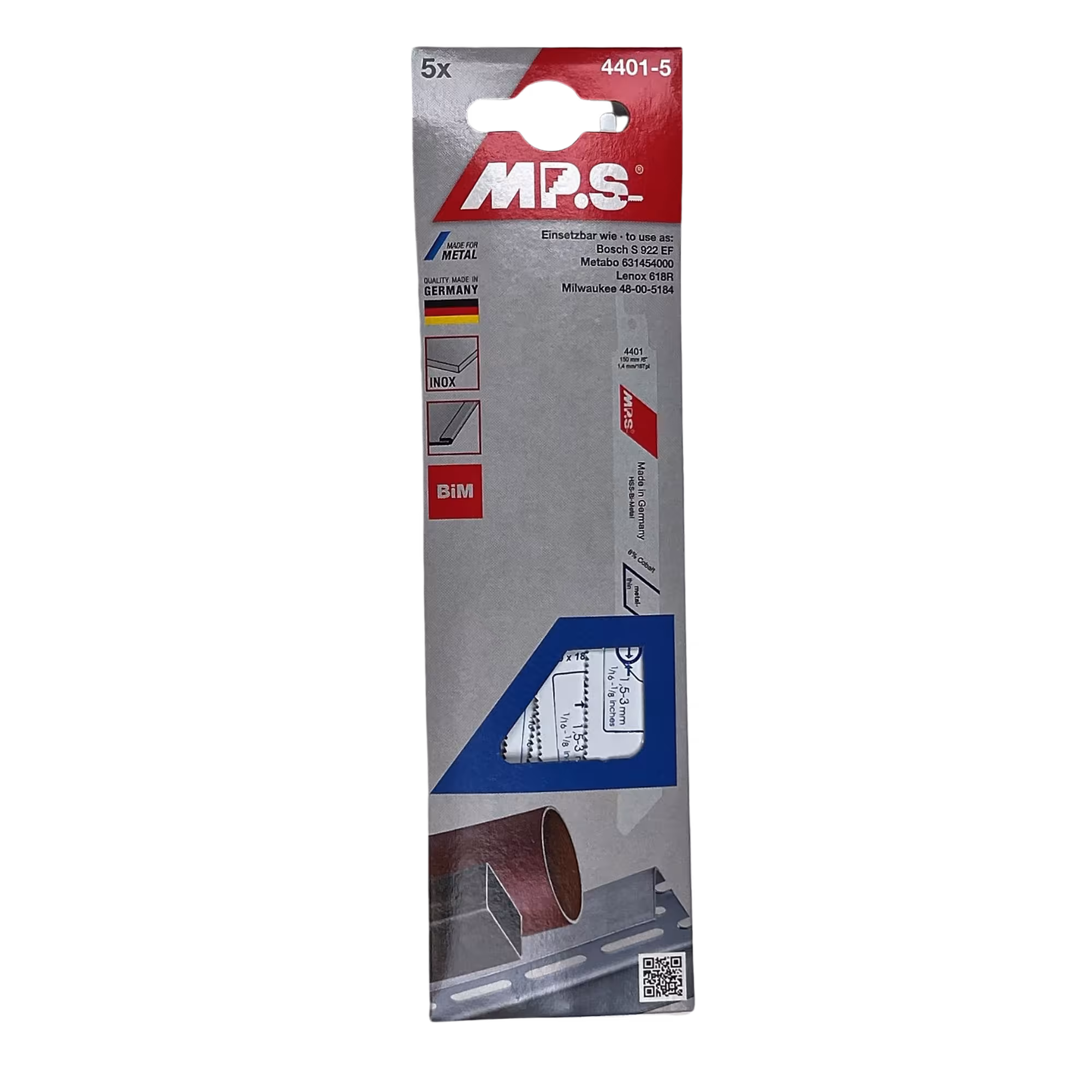 MPS Bi-Metall-Säbelsägeblatt gefräst und geschränkt zur Bearbeitung von Holz- und Metallwerkstoffen Ausführung Gesamtlänge: 150 mm mit der GTIN 4028655044015 Bi-Metall-Säbelsägeblatt gefräst und geschränkt Gesamtlänge 150/verzahnte Länge 130mm, Zahnteilung 1,4mm von MPS mit der Artikelnr. 4401-5