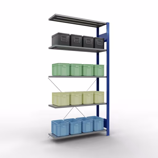 Abbildung Nr 15 des Artikels Anbauregal, Fachbodenregal Stecksystem MULTIplus85, 2000 x 1000 x 300 mm (HxBxT), 5 Fachböden, Kreuzstrebe, RAL 5010 enzianblau aus der Produktgruppe Stecksystem von der Marke Schulte Lagertechnik