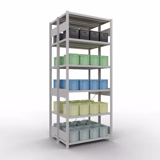 Zusatzbild des Artikels Grundregal, Doppelregal, Fachbodenregal Stecksystem MULTIplus250, 2500 x 1000 x (2x400) mm (HxBxT), 2x6 Fachböden, Kreuzstrebe, RAL 7035 lichtgrau aus Doppelregale
