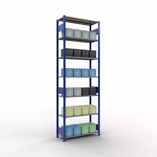 Zusatzbild des Artikels Grundregal, Fachbodenregal Stecksystem MULTIplus150, 3000 x 1000 x 400 mm (HxBxT), 7 Fachböden, Längenriegel, RAL 5010 enzianblau/verzinkt aus Grundregal