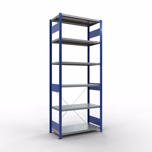 Grundregal, Fachbodenregal Stecksystem MULTIplus250, 2500 x 1000 x 500 mm (HxBxT), 6 Fachböden, Kreuzstrebe, RAL 5010 enzianblau/verzinkt aus der Kategorie Grundregal mit der Artikelnummer 12951-B