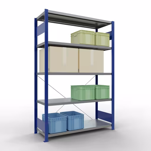 Abbildung Nr 15 des Artikels Grundregal, Fachbodenregal Stecksystem MULTIplus250, 2000 x 1300 x 500 mm (HxBxT), 5 Fachböden, Kreuzstrebe, RAL 5010 enzianblau/verzinkt aus der Produktgruppe Stecksystem von der Marke Schulte Lagertechnik