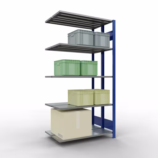 Anbauregal, Doppelregal, Fachbodenregal Stecksystem MULTIplus150, 2000 x 1000 x (2x300) mm (HxBxT), 2x5 Fachböden, Längenriegel, RAL 5010 enzianblau von Schulte Lagertechnik mit der Artikelnr. 33135-B